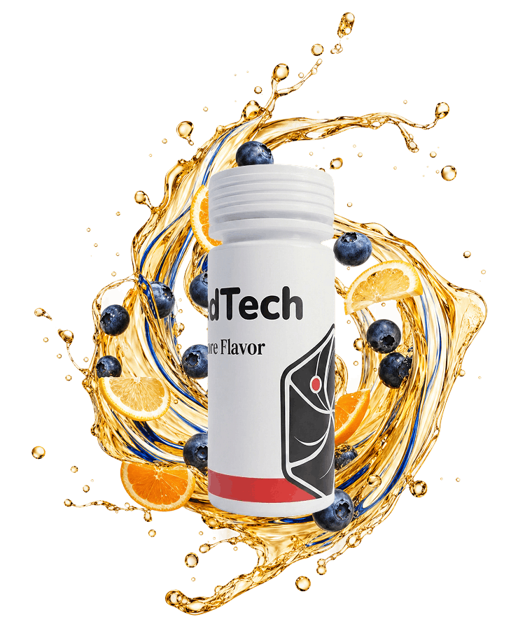 WhippedTech Terpene Kit bottle surrounded by a swirling vortex of amber liquid with embedded blueberries and citrus slices, representing co-developed terpene profiles.