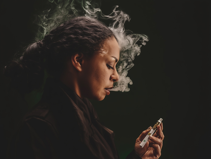 Woman exhaling rich terpene-forward vapor against warm light, cannabis vape powered by WhippedTech.